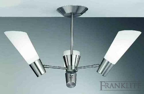 Franklite Satin nickel finish 3 light fitting with opal conical glasses. Supplied with 13W 4-pin lamps