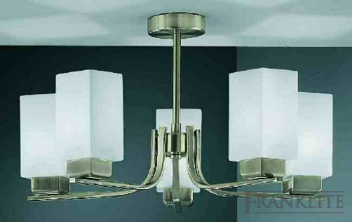 Franklite Satin nickel finish 5 light fitting with square matt opal glasses. Supplied with 13W 4-pin energy sa