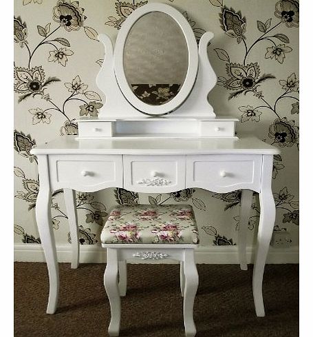 BRAND NEW 5 DRAWER WHITE FRENCH CHIC STYLE DRESSING TABLE & STOOL SET WITH ADJUSTABLE MIRROR
