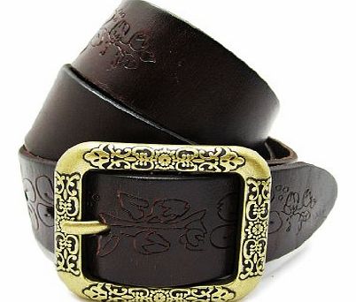 Womens belt - embossed flower pattern genuine leather - dark brown, 90 cm - 36``