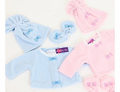 14-18 inch Doll Twin Set Fleece jacket Hat and Mittens set in Pale Blue and Pink , from Frilly Lily .Suitable for dolls such as 43 cm Baby Born , Clasic Tiny Tears ,American Girl Doll , My London Girl