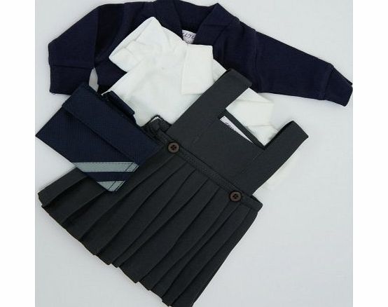 FRILLY LILY MEDIUM DOLLS SCHOOL UNIFORM 18-20 INCHES, WHITE BLOUSE ,GREY PINAFORE, NAVY CARDY , NAVY BOOK BAG