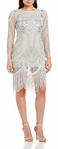 Frock and Frill Womens Karyn Embellished Sequin Flapper with Tassles Cocktail 3/4 Sleeve Dress, Silver, Size 10