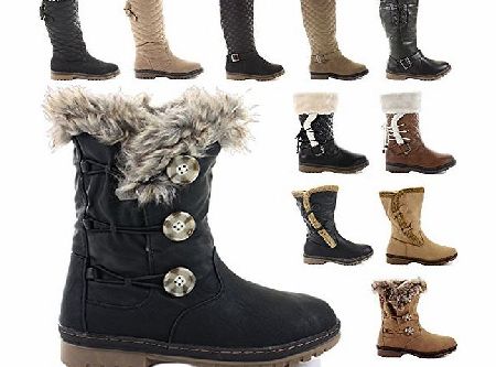 FrontCover SIZE 5 STYLE 5 BLACK - LADIES WOMENS FLAT LOW HEEL CALF QUILTED FUR LINED KNEE HIGH WINTER SNOW BOOTS