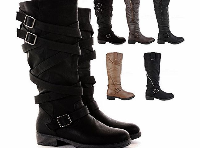 FrontCover STYLE A BLACK SIZE 6 - LADIES WOMENS WINTER BIKER RIDING FLAT LOW HEEL CALF KNEE HIGH BOOTS