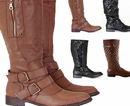 FrontCover STYLE B BROWN SIZE 5 - LADIES WOMENS WINTER BIKER RIDING FLAT LOW HEEL CALF KNEE HIGH BOOTS