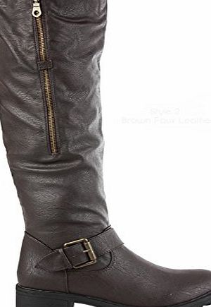 FrontCover STYLE C BROWN SIZE 6 - LADIES WOMENS WINTER BIKER RIDING FLAT LOW HEEL CALF KNEE HIGH BOOTS