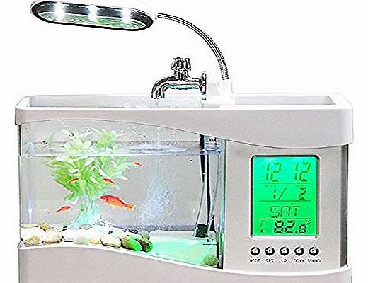 Multi-function USB Desktop Mini Aquarium Fish Tank With Nature Sounds, Running Water, Decorations & Multicolor LED Underwater, W/ LCD + Clock + Time + Calendar + Temperature + Lamp + Holder