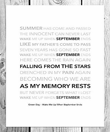Funky Art Prints Green Day - Wake Me Up When September Ends - Funky Lyric Art Print - A4 Size