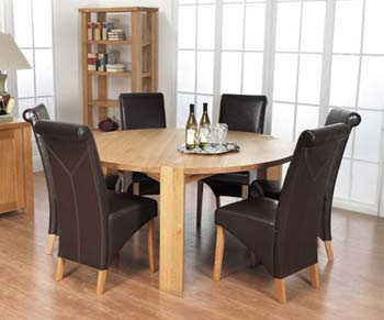 Montana Oak Round Dining Set with 6 Brown Corby