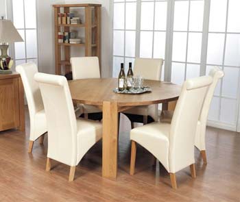 Montana Oak Round Dining Set with 6 Ivory Corby