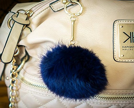 Furry Friends 3 FOR 2! Navy Blue 8cm Gold Metal Clasp Keyring Pompom Keychain Ball Real Fur 8cm Monster Soft Fluffy Charm Dangle Fendi Michael Kors Cute Furry Friends Dune Rabbit Designer Genuine Unique Different U