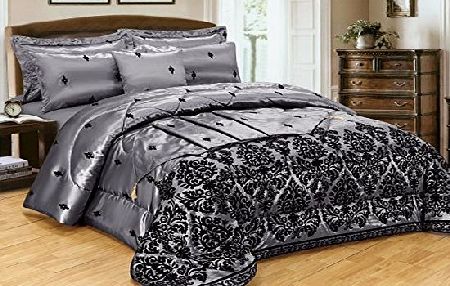 fusion Duvet Cover Flock Quilted LUXURY Bedding Comforter Set   Cushion amp; Bed Runner 5P Fusion(TM) (King, Grey)