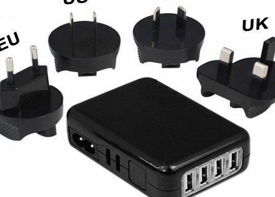 TRAVEL CHARGER Universal Black Multiple 4 Usb Ports 2.1A Travel Charger Worldwide International Mains Wall Charger Travel adapter with UK/EU/US/AU charger plug Power Socket outlet usb charger for iPod