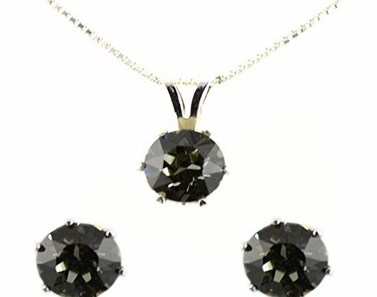 925 Sterling Silver Earrings amp; Necklace Jewellery Set with Swarovski Black Diamond Crystals
