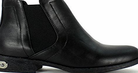 Womens Round Toe Flat Ankle Boot Ladies Chelsea Elasticated Sides Metallic Trim Boot Black Faux Leather Size 5 UK