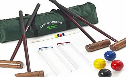 Garden Games Four Player Complete Cottage Croquet Set - hardwood mallets, winning post, thick steel hoops amp; 12oz balls in a storage bag