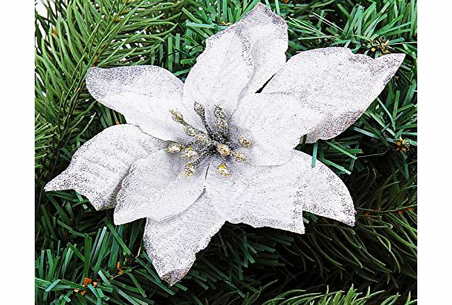 Gardeningwill 6Pcs 5 Inch Glitter Artificial Christmas Flowers XMAS Tree Wreaths Decor Ornament Silver