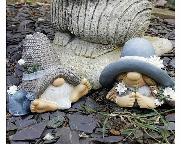 Mr & Mrs Summer Hat Garden Gnome Ornament In Resin