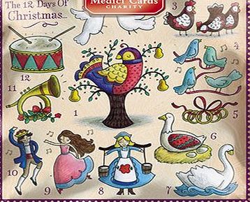 Medici Charity Christmas Cards (MED6888) Pack Of 8 Cards - 12 Days Of Christmas - In aid of the following Charities: Marie Curie Cancer Care, Parkinsons, CLIC Sargent, Oxfam, Lifeboats, Macmillan