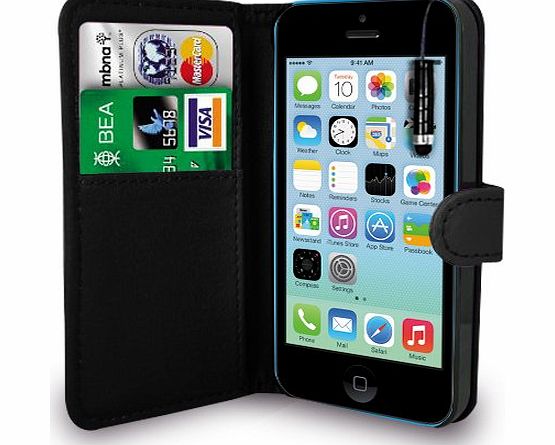Gbos Apple iPhone 5C Black Leather Wallet Flip Case Cover Pouch   Mini Touch Stylus Pen   Screen Protector amp; Polishing Cloth