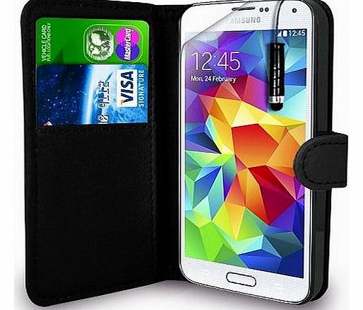 Samsung Galaxy S5 Black Leather Wallet Flip Case Cover Pouch + Mini Touch Stylus Pen + Screen Protector & Polishing Cloth