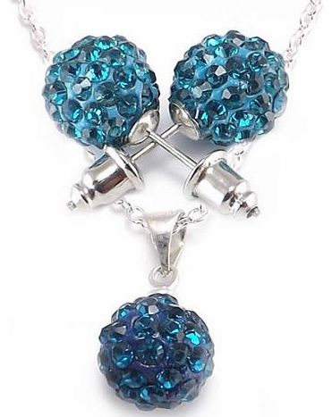 Aquamarine 10mm Shamballa Disco Pave Crystal Ball Necklace & Earring Set