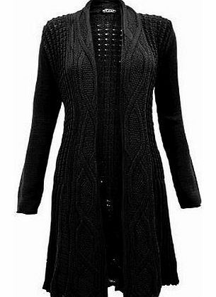  LADIES CABLE KNIT KNITTED BOYFRIEND OPEN CARDIGAN BLACK ML