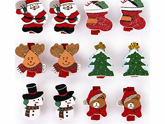 Generic 12pcs Christmas-Pattern Mini Wooden Pegs Note Memo Clips Clothespins Colorful Christmas Decoration