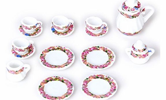 Generic 15pcs Doll House Miniature Porcelain Tea Set Dish Cup Plate---Colorful Floral Print