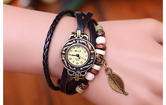 Generic BeautyLife Weave Wrap Around Leather Bracelet Lady Woman Wrist Watch (Black Leaf)
