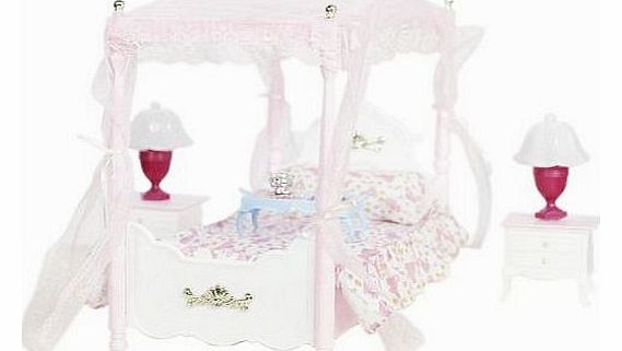 Dollhouse Bedroom Set Bed+Bedside Cabinet+Table Lamp w/ Lighting for Dolls of 29cm---Pink and White