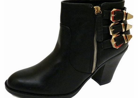 Generic Ladies Black Ex-Designer Zip-Up Ankle Biker Buckle Heel Boots Shoes Sizes 3-9