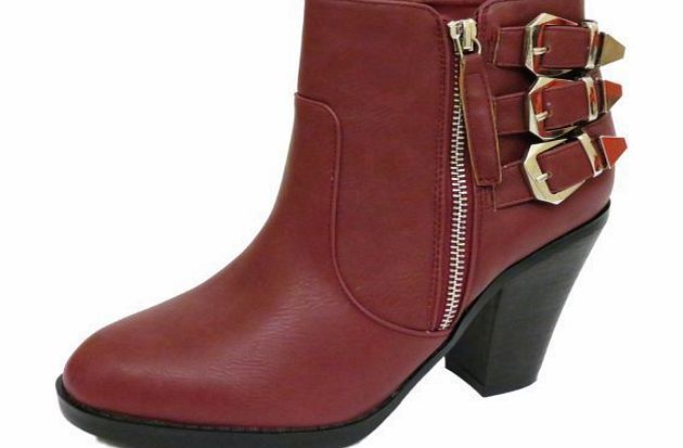 Generic Ladies Red Ex-Designer Zip-Up Ankle Biker Buckle Heel Boots Shoes Sizes 3-9