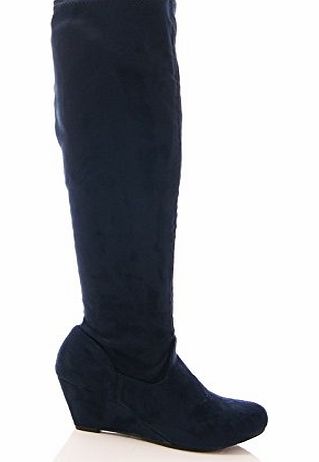 Generic LADIES WOMENS LOW WEDGE STRETCH BOOTS ELASTIC LONG LEG ZIP UP SHOES SIZE Navy 7_uk