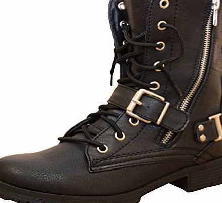 Generic New Black Flat Biker Goth Military Combat Lace Up Zip Mid Calf Ankle Boots Punk
