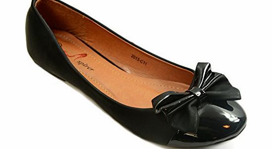 Generic New Womens Ladies Black Elegant Ballerina Flats Girls Ballet Dolly Pumps Large Bow Detail Patent Flat Shoes Office Size UK (UK 8 / EU 41 / US 10)