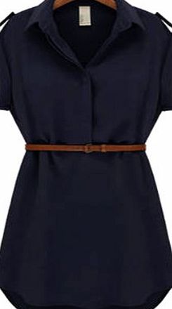 Pinup Womens Cap Sleeve Stretch Chiffon Casual OL Belt Shirt Mini Dress (Navy, UK_10)
