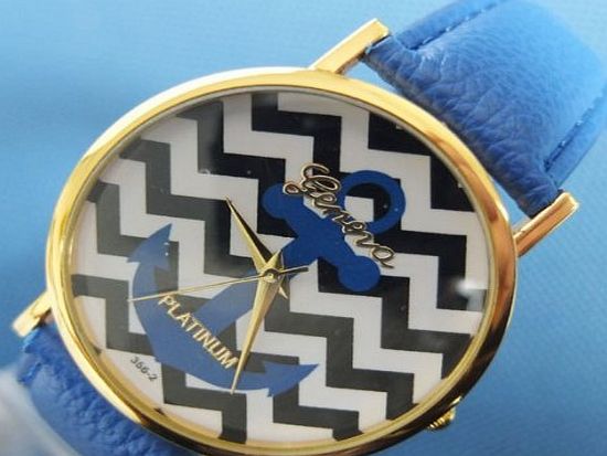 Geneva 2014 New Fashion Geneva Brand Platinum Gold Chevon Navy Anchor Dial Leather Quartz Watch Women Ladies Dress Gift Watches (blue)
