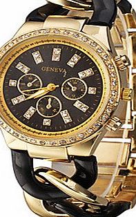 Denis Charm 5 Colour Vogue Geneva Ladies Womens Diamante Gold Case Alloy Band Chain Bracelet Quartz Analog Wrist Watch (Black)