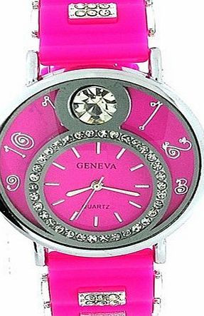 Geneva Ladies Blinger Crystal Double Dial Hot Pink Silicone Fashion Watch GE0637