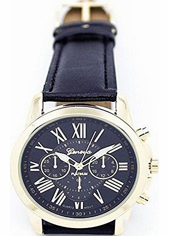 Womens Fashion Classic Leather Quartz Wrist Watch (Black)