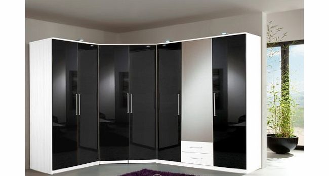 ALPINE White & Gloss Black 7-Door Modular Corner Wardrobes Bedroom Furniture Set [Including Full Assembly Service]