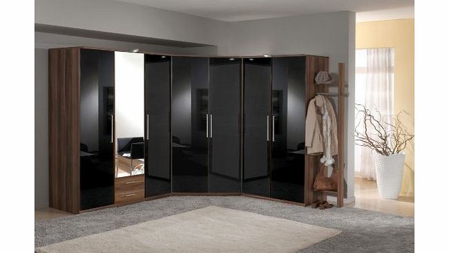 Germanica BREMEN Walnut amp; Gloss Black 7-Door Modular Corner Wardrobes Bedroom Furniture Set [Including Full Assembly Service]