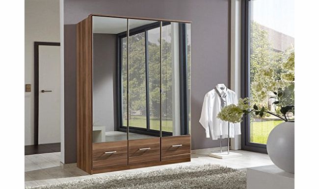 Germanica IMAGE 3 Door mirrored Bedroom Wardrobe With Drawer Storage in WALNUT Colour