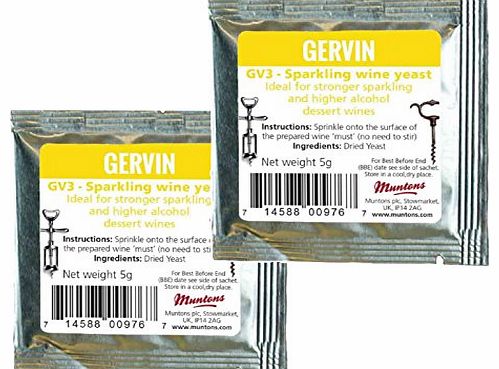 Gervin 2x Gervin Wine Yeast GV3 No.3 Yellow Label 5g Sparkling or Desert Wine 5-23L