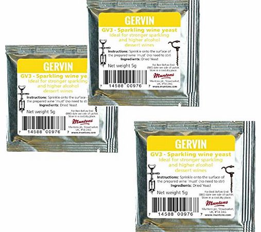 Gervin 3x Gervin Wine Yeast GV3 No.3 Yellow Label 5g Sparkling or Desert Wine 5-23L