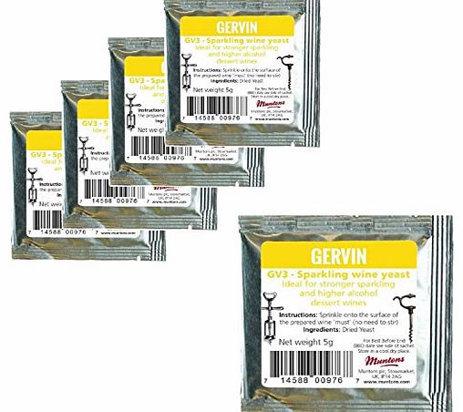 Gervin 5x Gervin Wine Yeast GV3 No.3 Yellow Label 5g Sparkling or Desert Wine 5-23L
