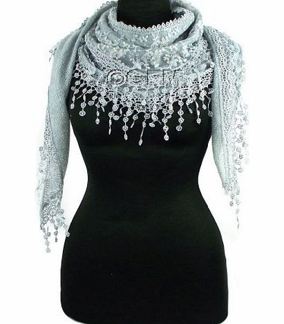 GFM Scarf: Designer Triangle Scarf (Style 2 Silver Grey) (R001) with Lace amp; Tassels -Stunning Piece