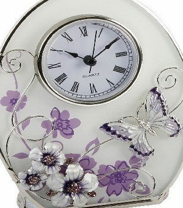 Beautiful Juliana, oval, glass, clock decorated with purple flowers, crystals and a butterfly. An ideal gift for her (561CK).
